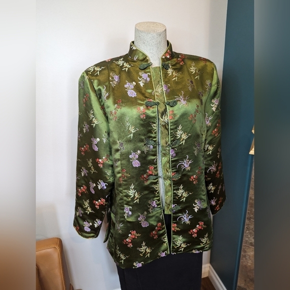 Vintage Green Satin Brocade Asian Jacket woman's  size XL - Picture 1 of 9